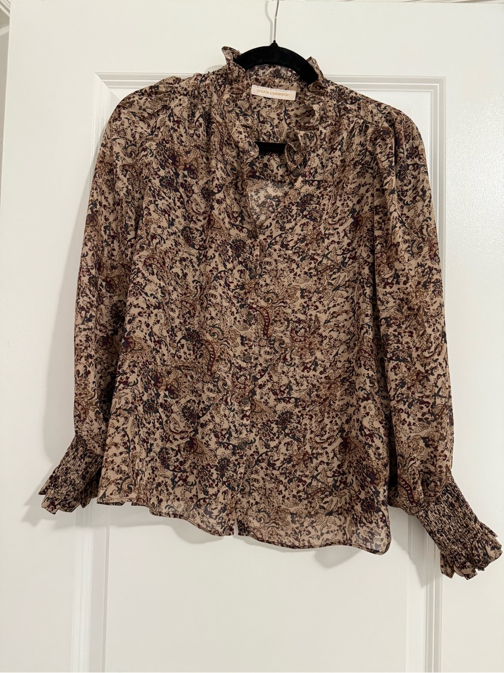 Ruffle-Neck Printed Paisley Blouse - Beige Multicolor